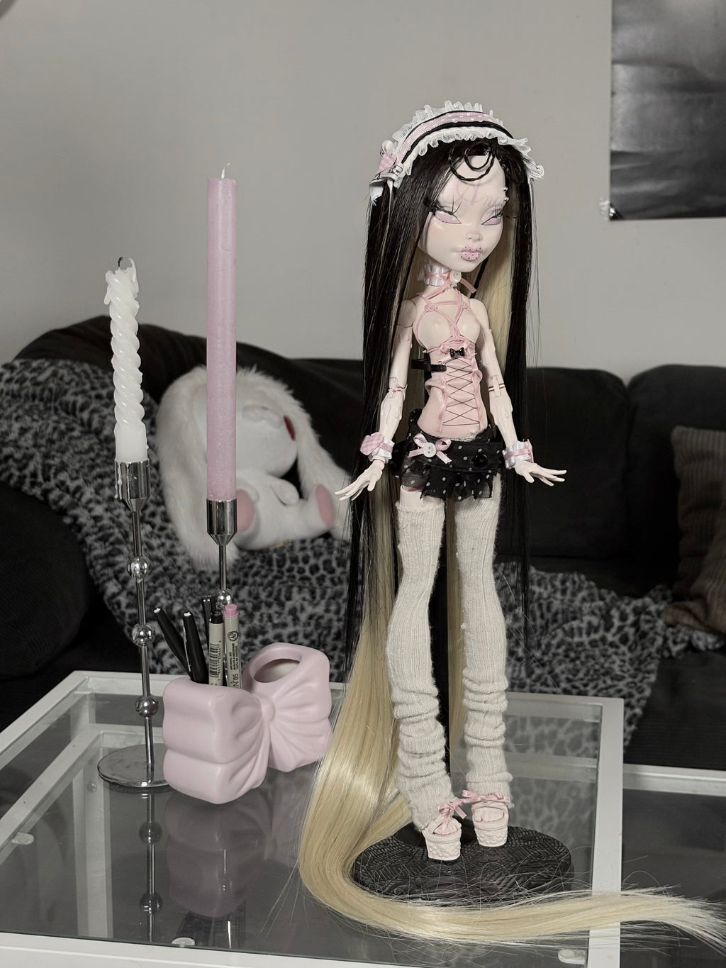 𑣲-Unique custom doll (one-of-a-kind piece): pink Shibari rope and polka-dot pattern