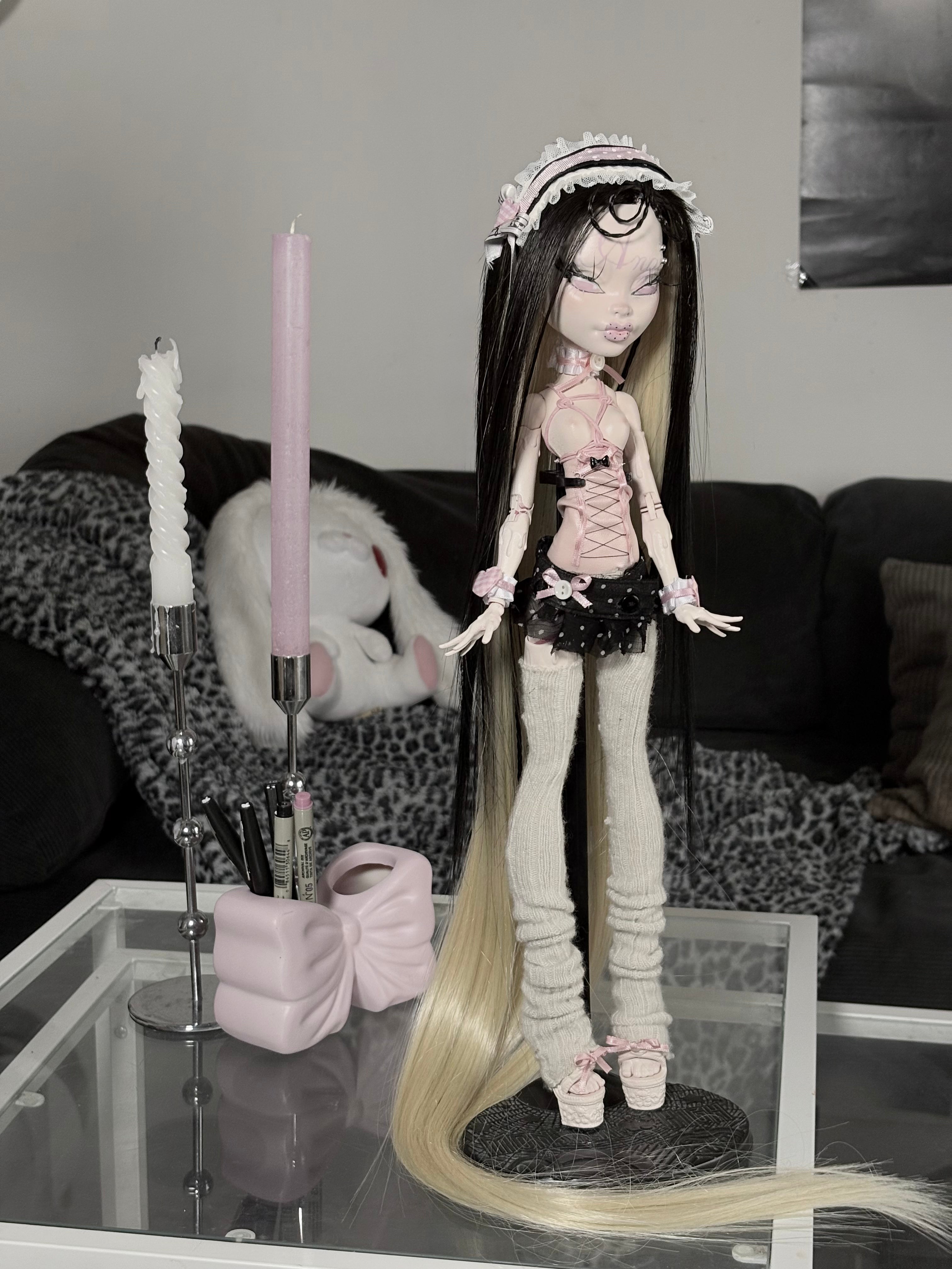 𑣲-Unique custom doll (one-of-a-kind piece): pink Shibari rope and polka-dot pattern