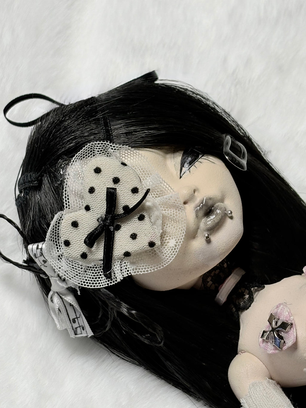 𑣲-Unique (OOAK) custom doll with black and white polka dots