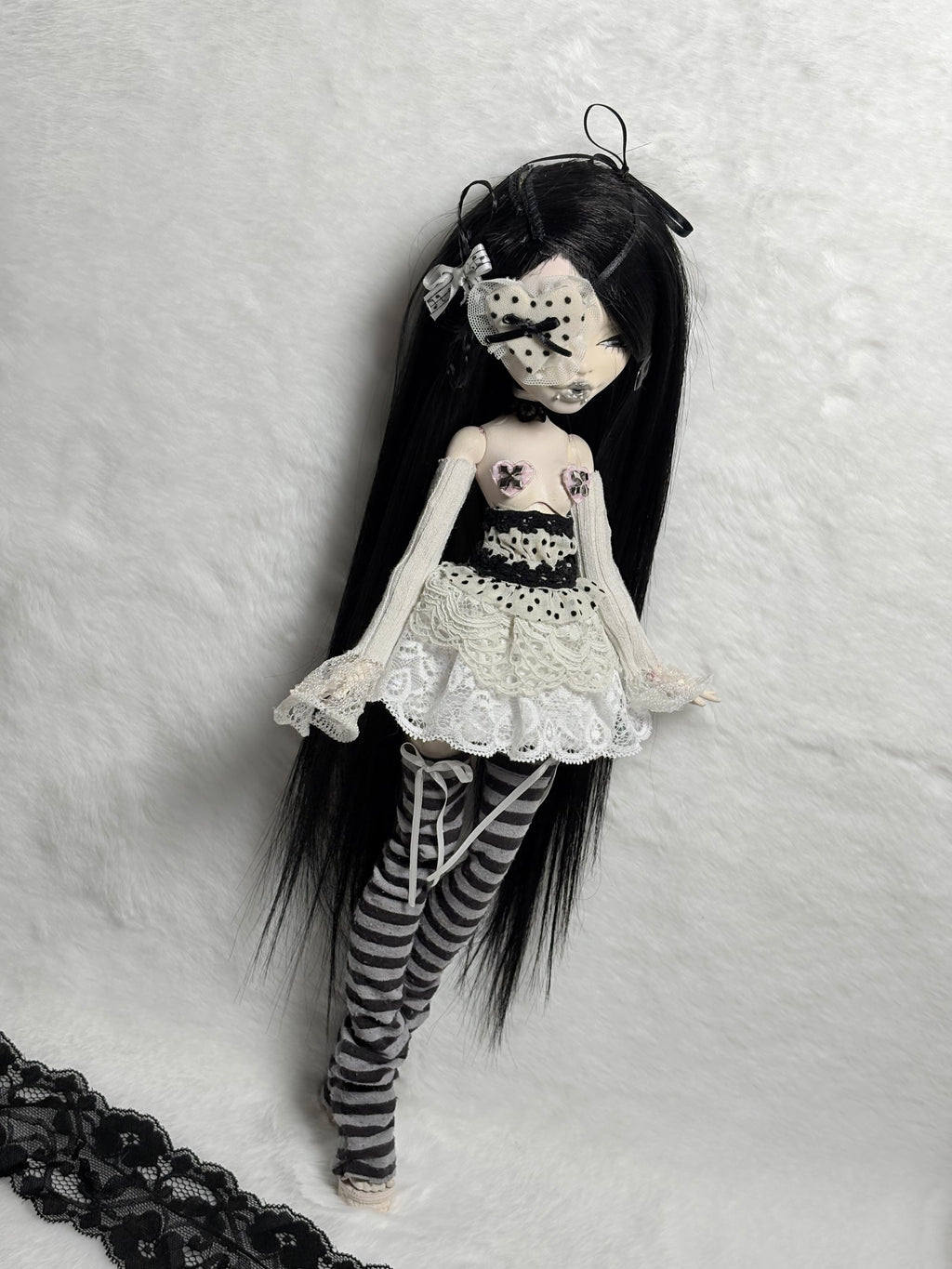 𑣲-Unique (OOAK) custom doll with black and white polka dots