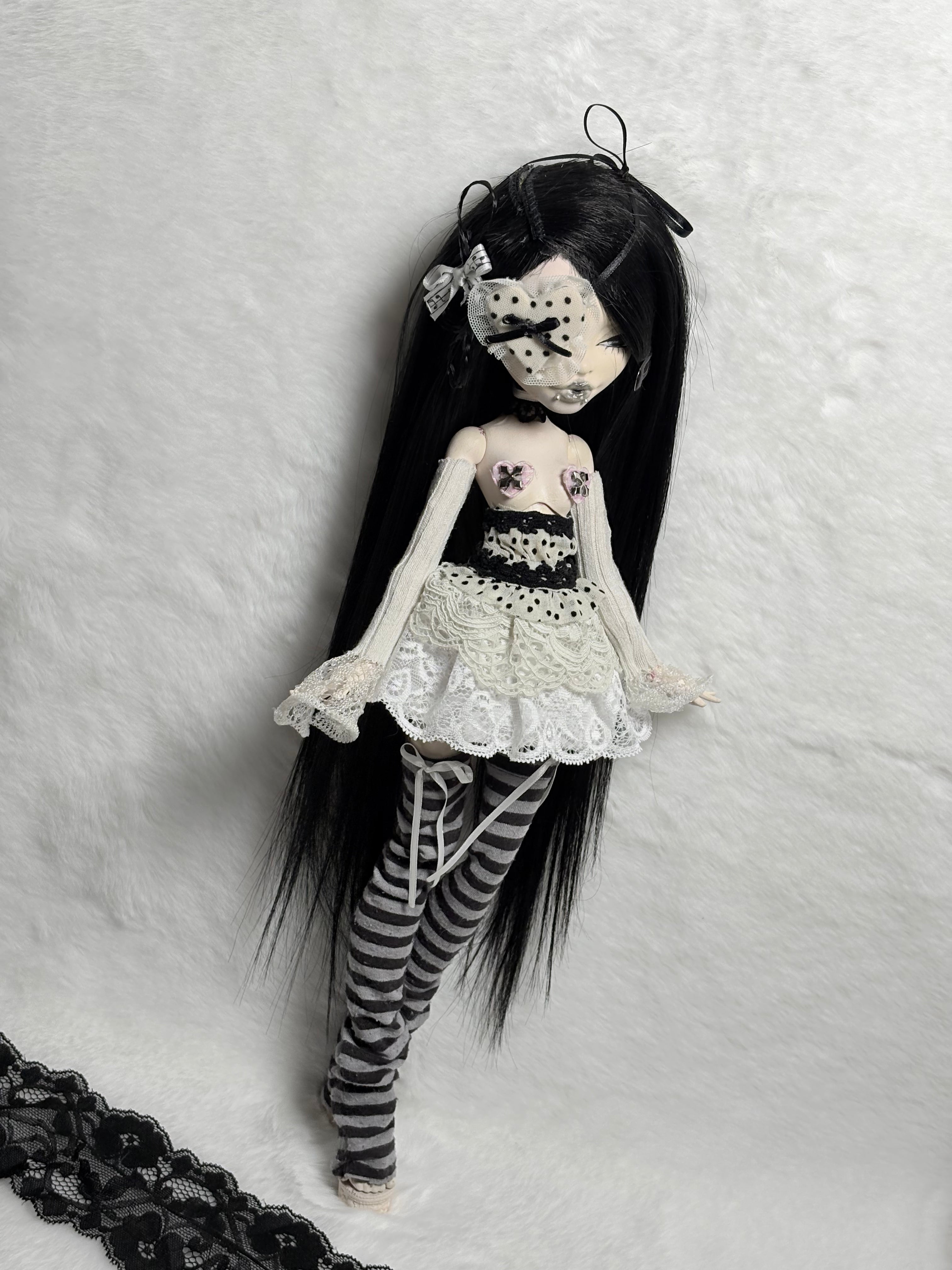 𑣲-Unique (OOAK) custom doll with black and white polka dots